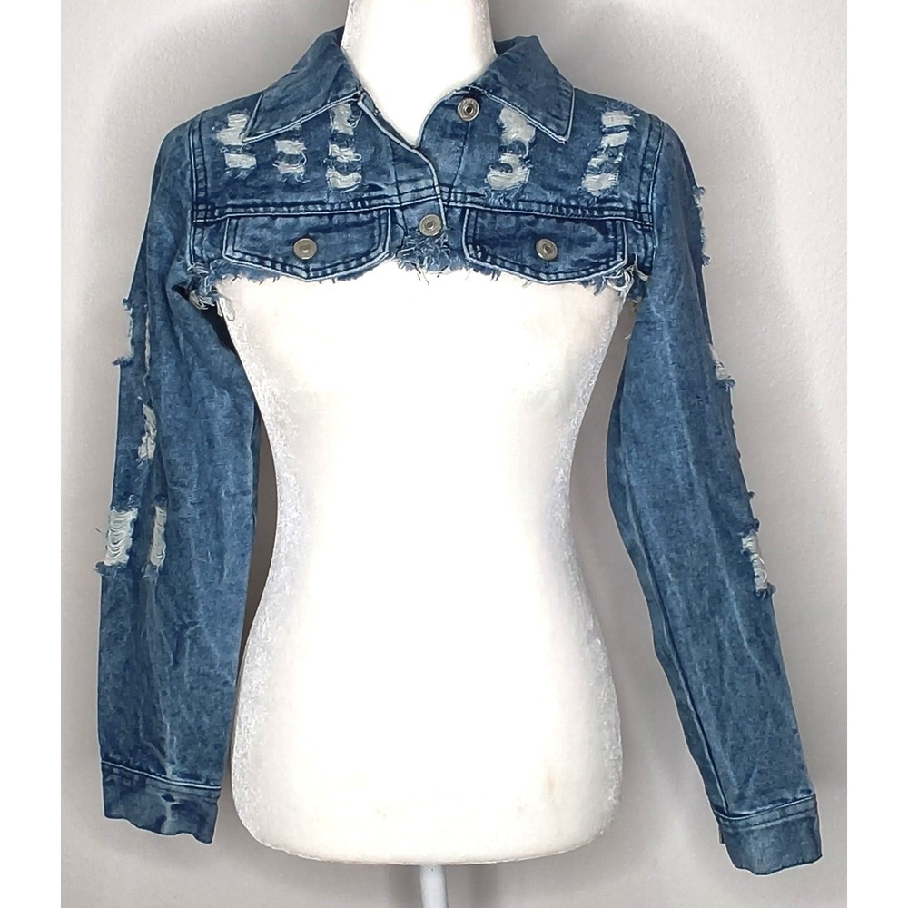 Thrill Jeans Distressed Ultra Cropped Denim Bolero Shrug Jacket Women Small Blue